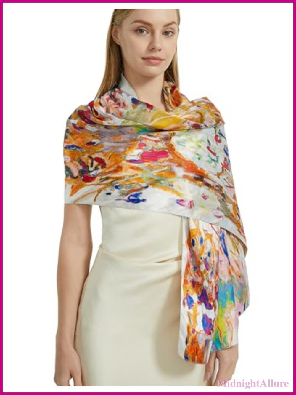 Silk Feeling Long Floral Scarf Lightweight Double Sided Shawl Wrap